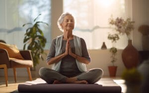 Personne âgée détendue en position de yoga, illustrant la sérénité face à la gestion administrative CESU simplifiée.