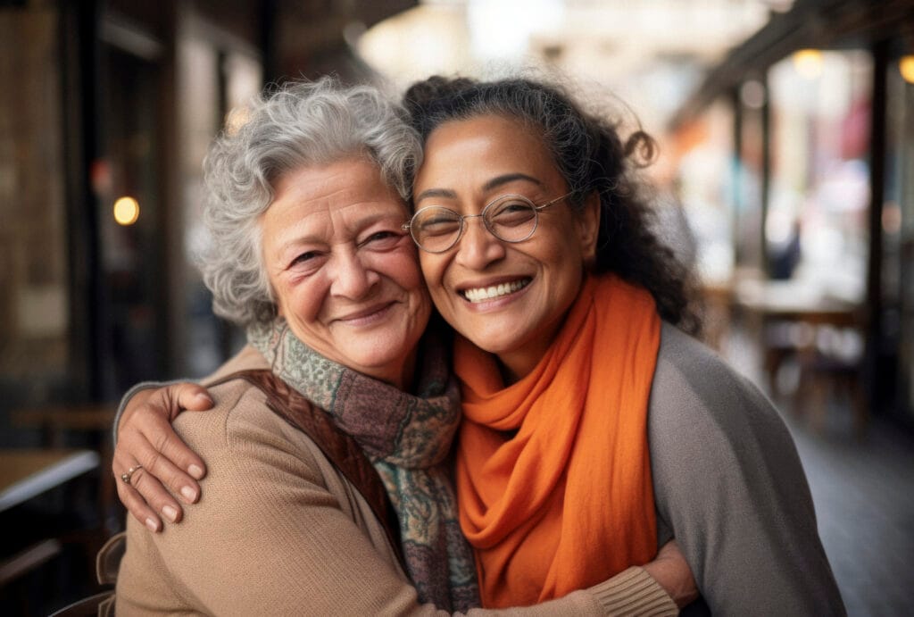 Illustration représentant une auxiliaire de vie et un senior symbolisant la confiance et le soutien mutuel dans une relation de confiance à domicile.