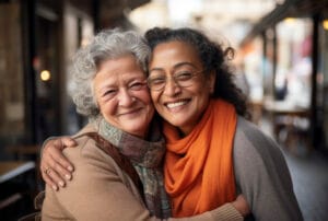 Illustration représentant une auxiliaire de vie et un senior symbolisant la confiance et le soutien mutuel dans une relation de confiance à domicile.