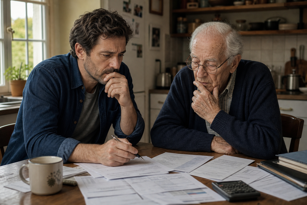 Emploi direct ou agence mandataire que choisir Un père et son fils se posent des questions devant des documents administratifs pour choisir entre emploi direct et agence mandataire pour une auxiliaire de vie à domicile.