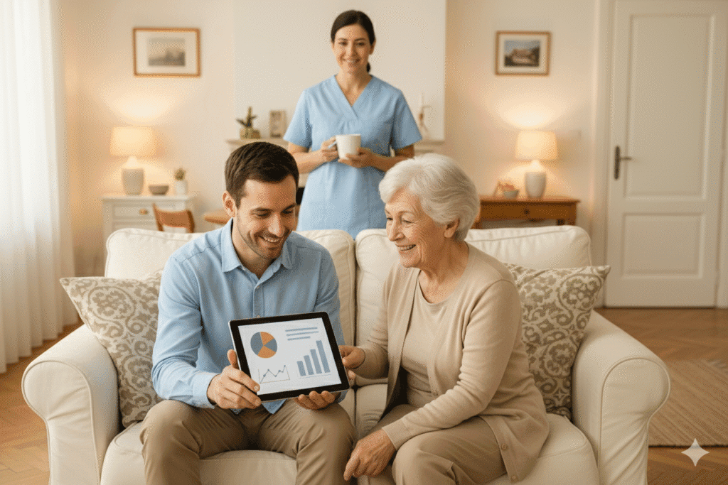 Particulier employeur et senior souriant devant un graphique du coût d’une auxiliaire de vie à domicile Particulier employeur discutant avec un senior souriant devant un graphique illustrant le coût horaire d’une auxiliaire de vie à domicile