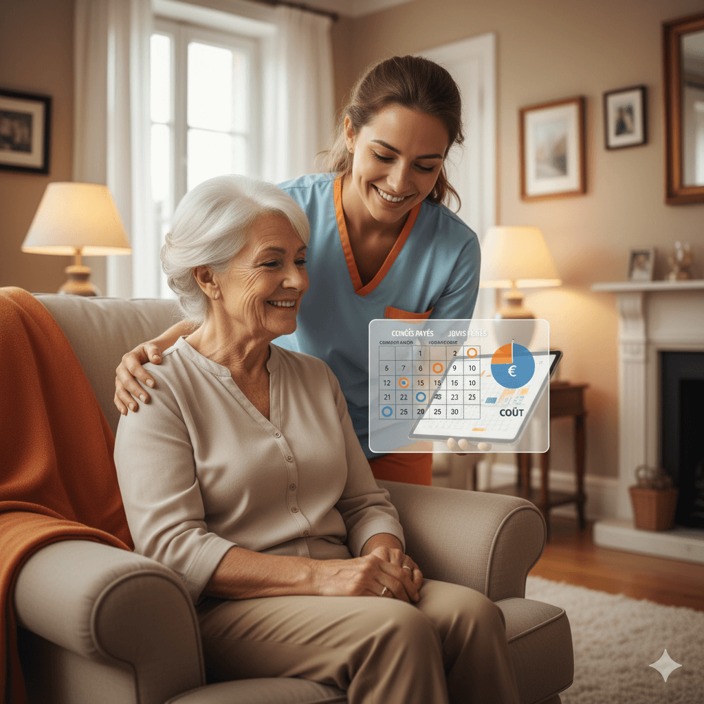 Simulateur APA 2025 : Calculez votre Allocation Personnalisée d'Autonomie Particulier employeur discutant avec un senior souriant devant un graphique illustrant le coût horaire d’une auxiliaire de vie à domicile et calcul APA