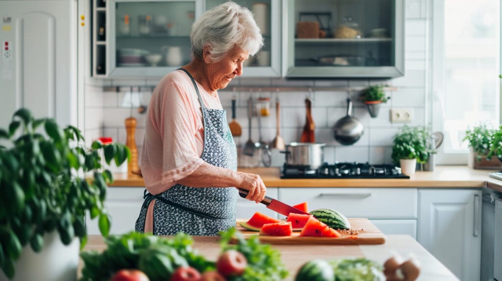 Cuisine ergonomique avec plan de travail réglable en hauteur et rangements accessibles entre 75 et 140 cm pour personne âgée autonome