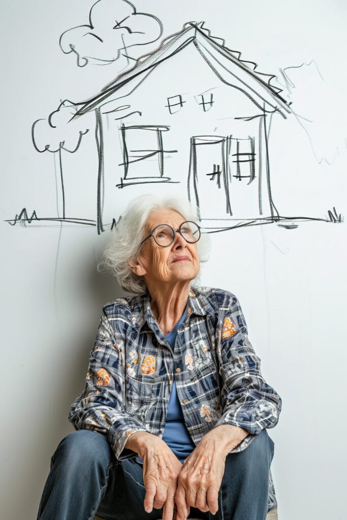 Femme senior dans sa maison aménagée pour le maintien de l'autonomie à domicile avec équipements de sécurité